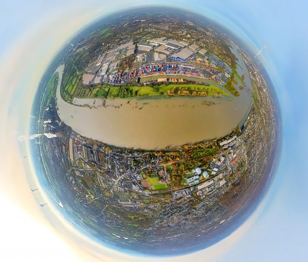 Duisburg from the bird's eye view: Fisheye perspective flood on the Rhine in the Friemersheim district in Duisburg in the Ruhr area in the state of North Rhine-Westphalia, Germany