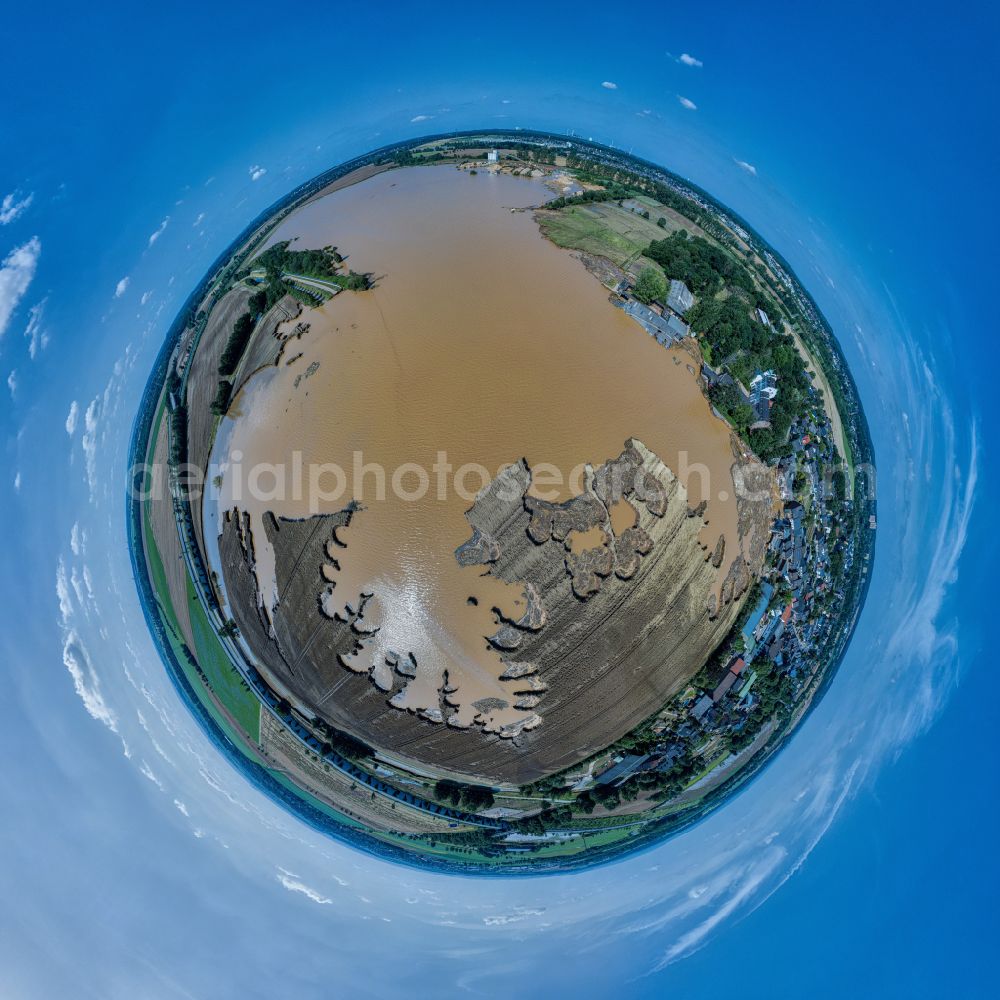 Aerial image Erftstadt - Fisheye perspective flood situation and flooding, all-rousing and infrastructure-destroying masses of brown water in Erftstadt in the state North Rhine-Westphalia, Germany