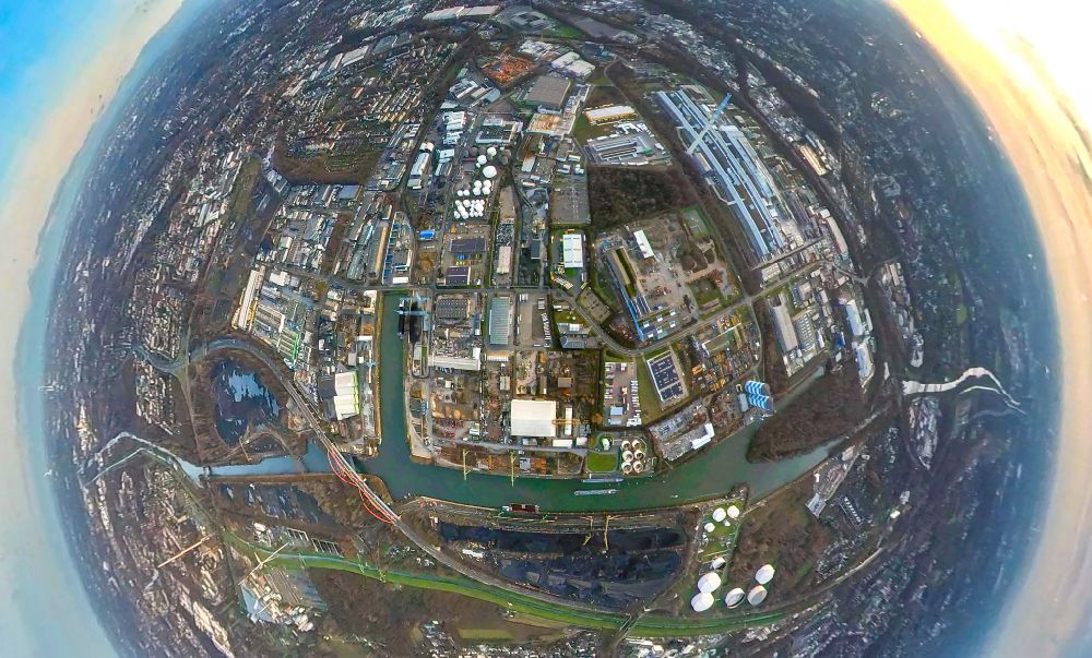Aerial photograph Essen - Fisheye perspective industrial and commercial area at the docks of the inland port on the banks of the Rhine-Herne Canal in Essen at Ruhrgebiet in the state North Rhine-Westphalia