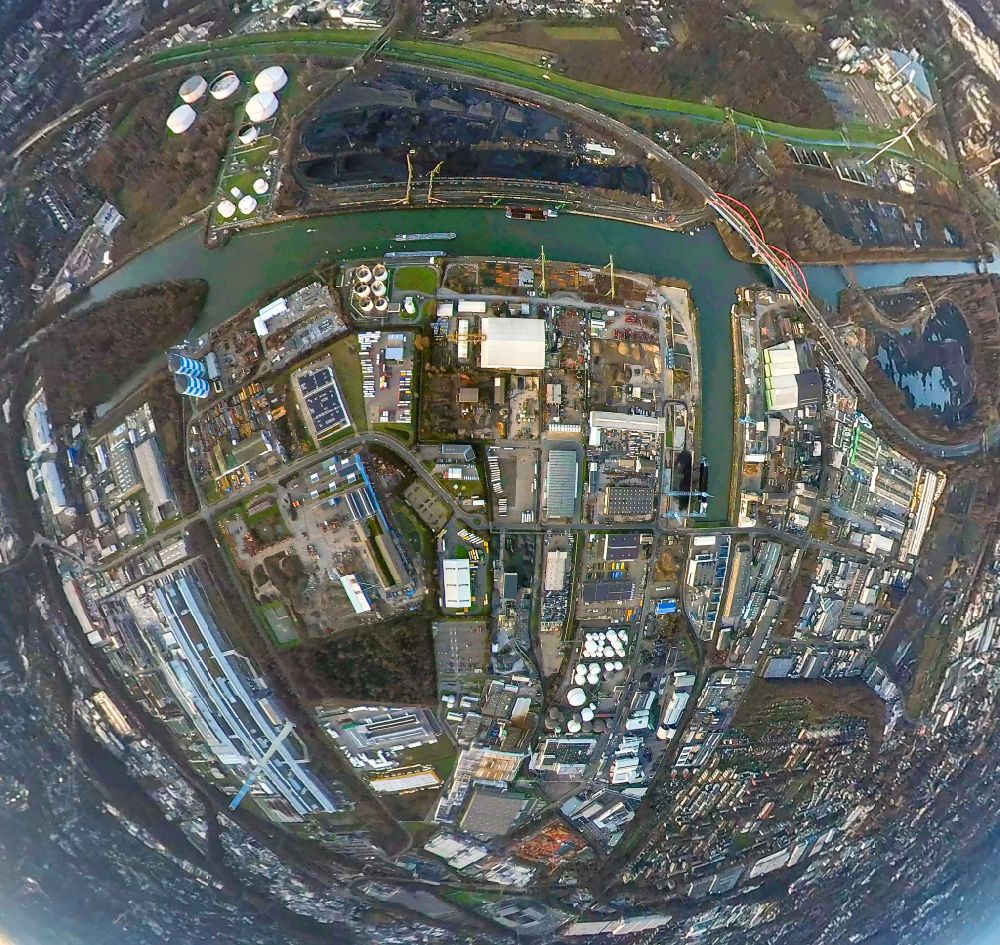 Essen from above - Fisheye perspective industrial and commercial area at the docks of the inland port on the banks of the Rhine-Herne Canal in Essen at Ruhrgebiet in the state North Rhine-Westphalia