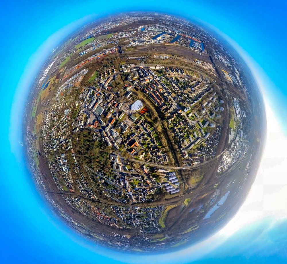 Dortmund from the bird's eye view: Fisheye perspective cityscape of the district on street Rossbachstrasse in the district Huckarde in Dortmund at Ruhrgebiet in the state North Rhine-Westphalia, Germany