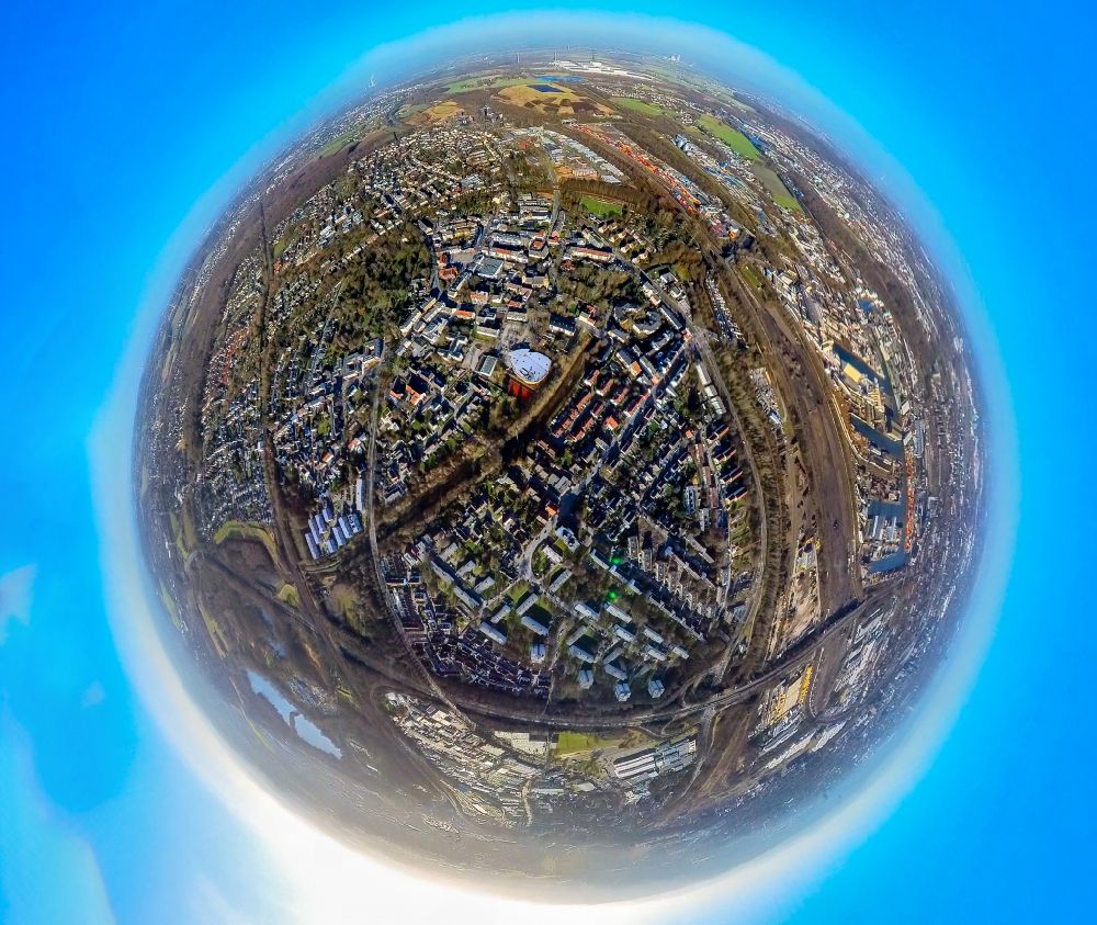 Aerial image Dortmund - Fisheye perspective cityscape of the district on street Rossbachstrasse in the district Huckarde in Dortmund at Ruhrgebiet in the state North Rhine-Westphalia, Germany