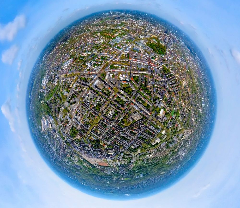 Essen from the bird's eye view: Fisheye perspective cityscape of the district on street Alfried-Krupp-Strasse in the district Ruettenscheid in Essen at Ruhrgebiet in the state North Rhine-Westphalia, Germany