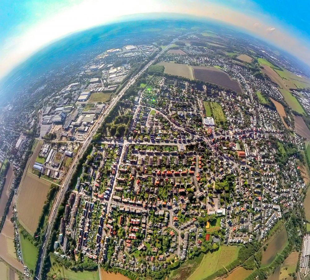 Unna from the bird's eye view: Fisheye perspective cityscape of the district in the district Massen in Unna at Ruhrgebiet in the state North Rhine-Westphalia, Germany