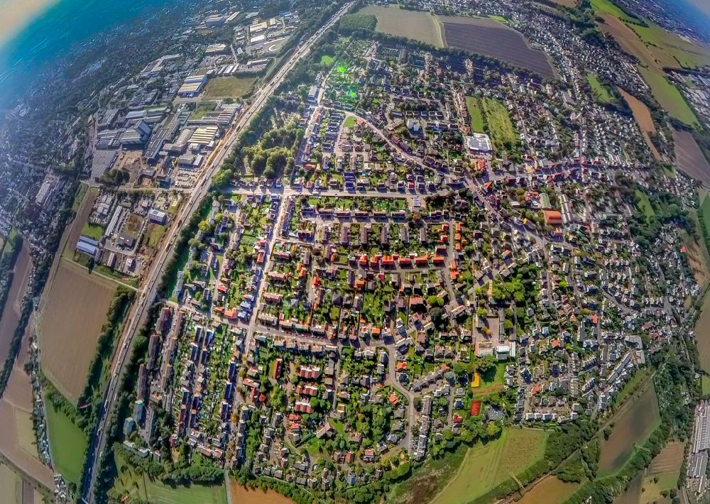 Aerial image Unna - Fisheye perspective cityscape of the district in the district Massen in Unna at Ruhrgebiet in the state North Rhine-Westphalia, Germany