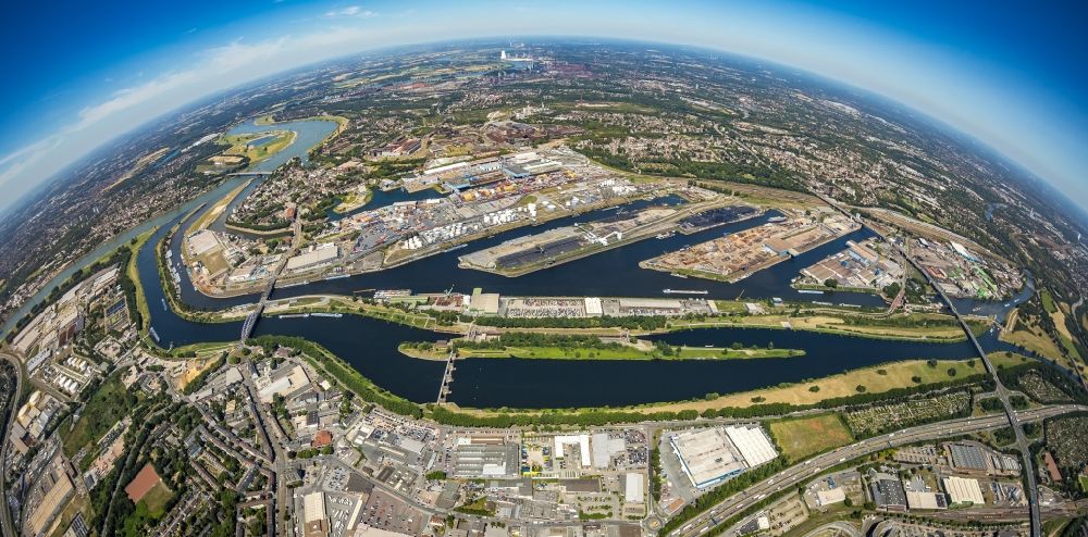 Aerial image Duisburg - Fisheye perspective quays and boat moorings at the port of the inland port on Rhein and on Ruhr in the district Ruhrort in Duisburg in the state North Rhine-Westphalia, Germany