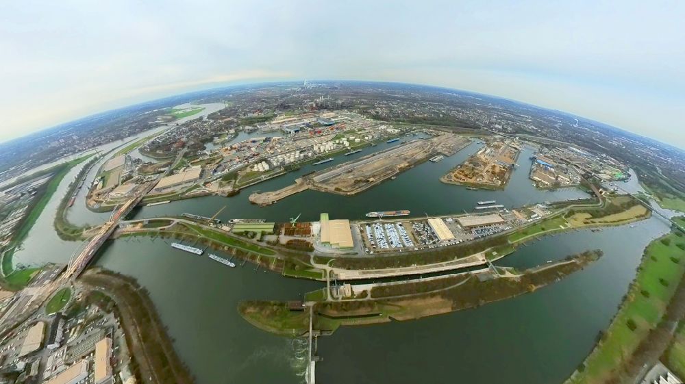Aerial image Duisburg - Fisheye perspective quays and boat moorings at the port of the inland port on Rhein and on Ruhr in the district Ruhrort in Duisburg in the state North Rhine-Westphalia, Germany