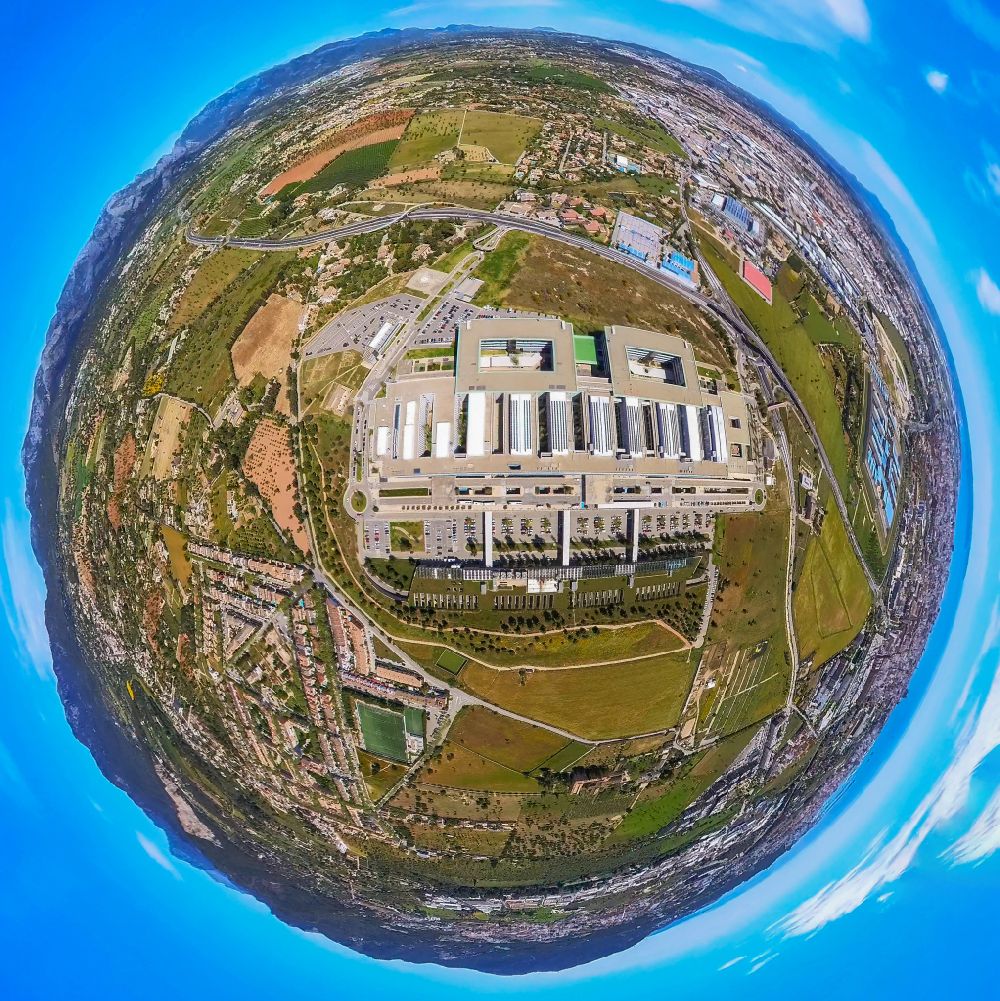 Aerial image Palma - Fisheye perspective hospital grounds of the Clinic Hospital Universitari Son Espases on street Carretera de Valldemossa in the district Nord in Palma in Balearic island of Mallorca, Spain