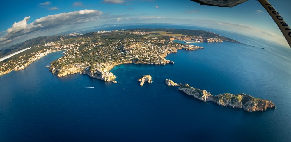 Calvia from above - Fisheye perspective coastline at the rocky cliffs of on the Balearic Sea in Calvia in Balearic islands, Spain