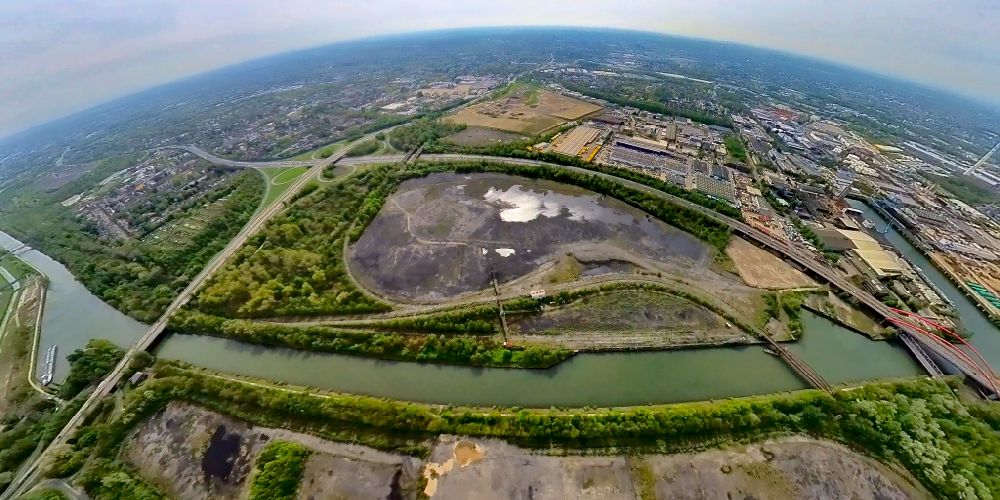 Bottrop from above - Fisheye perspective storage area for coal in Bottrop at Ruhrgebiet in the state North Rhine-Westphalia, Germany