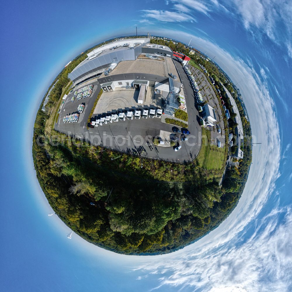 Köln from the bird's eye view: Fisheye perspective warehouse complex-building in the industrial area REWE Logistik-Zentrum in Cologne in the state North Rhine-Westphalia, Germany