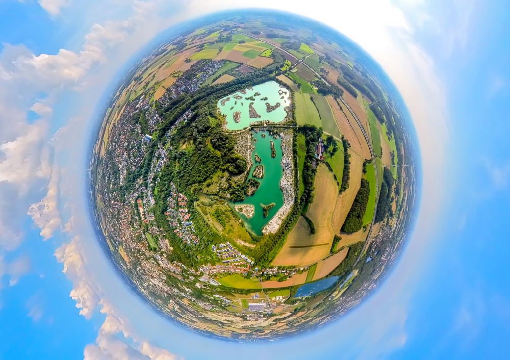 Beckum from above - Fisheye perspective landscape protection area Dyckerhoffsee - Blue lagoon with turquoise water in Beckum in the federal state of North Rhine-Westphalia, Germany