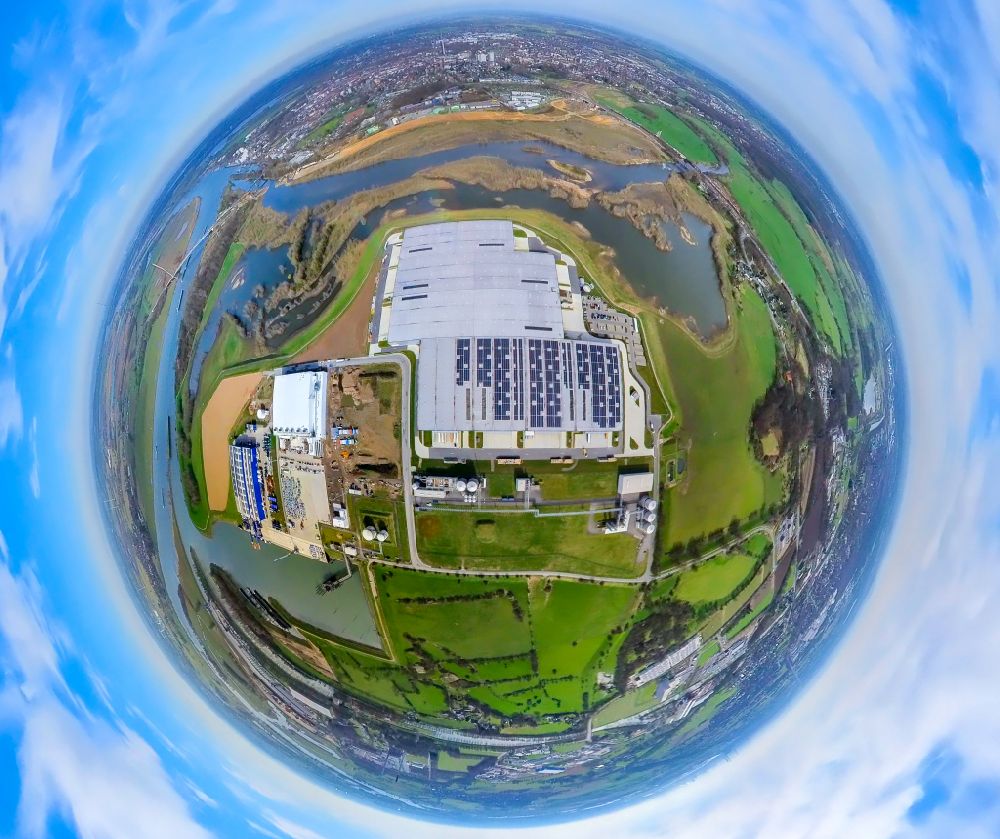 Aerial photograph Wesel - Fisheye perspective complex on the site of the logistics center NORDFROST GmbH & Co. KG in Lippedorf at Ruhrgebiet in the state North Rhine-Westphalia, Germany