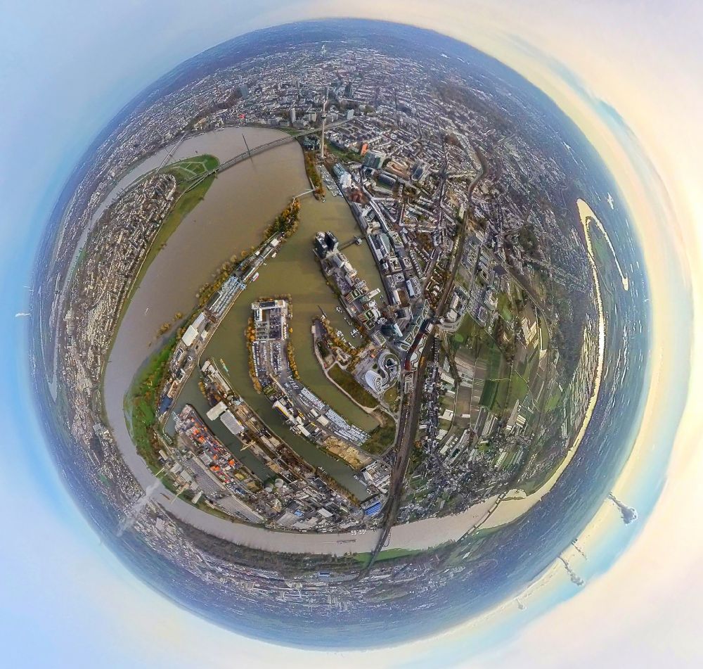Düsseldorf from above - Fisheye perspective western Media Harbour area on the riverbank of the Rhine in Duesseldorf in the state of North Rhine-Westphalia, Germany