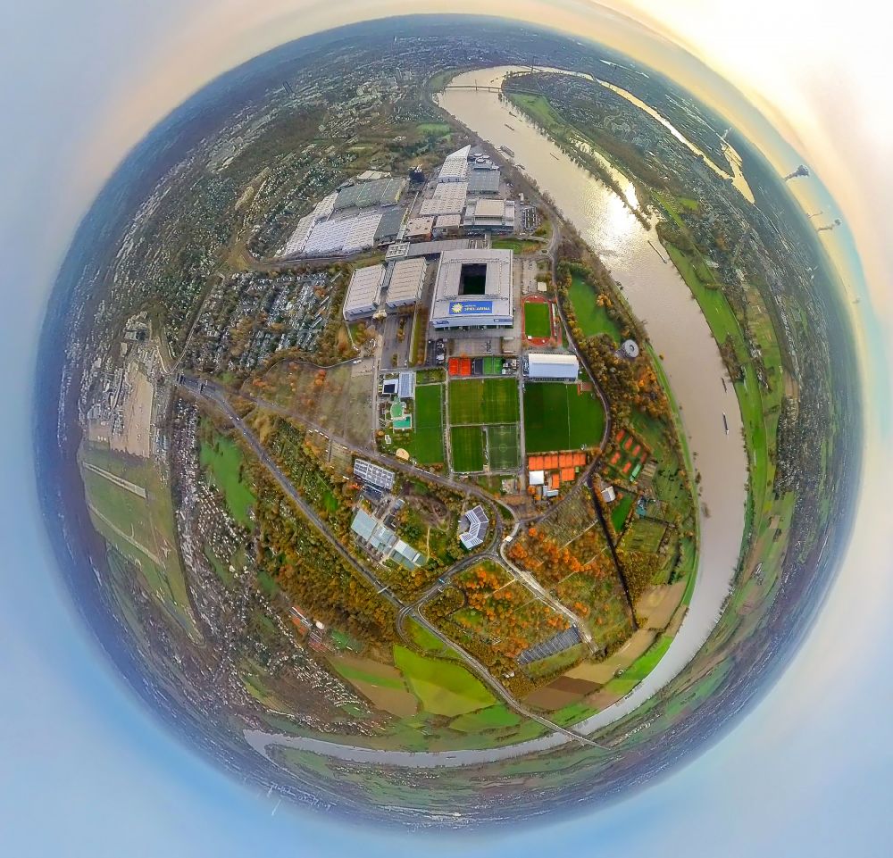 Düsseldorf from the bird's eye view: Fisheye perspective sports facility grounds of the MERKUR SPIEL-ARENA in Duesseldorf in the state North Rhine-Westphalia
