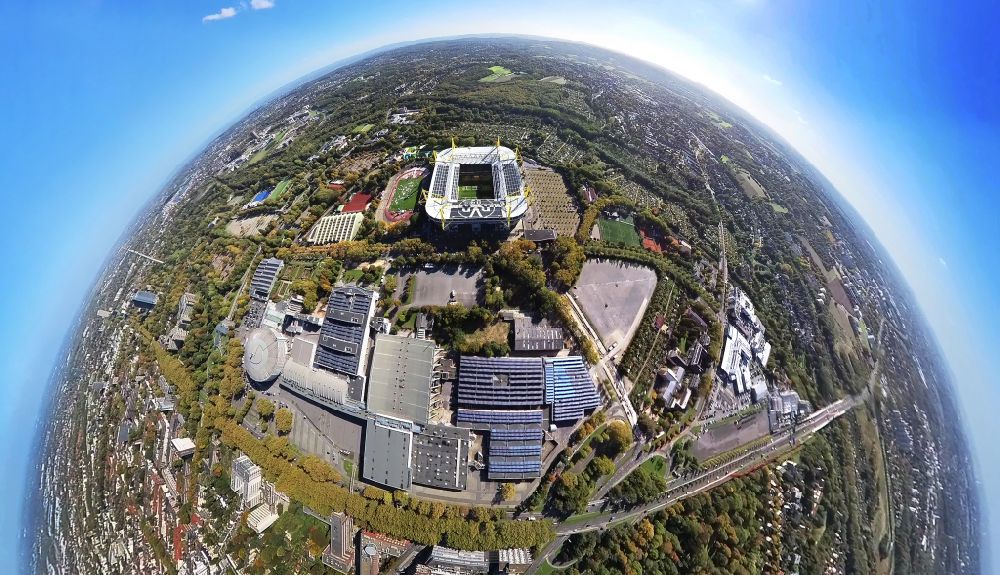 Aerial photograph Dortmund - Fisheye perspective exhibition grounds, convention center and exhibition halls and arena of the BVB - Signal Iduna Park stadium in Dortmund in the Ruhr area in the state of North Rhine-Westphalia