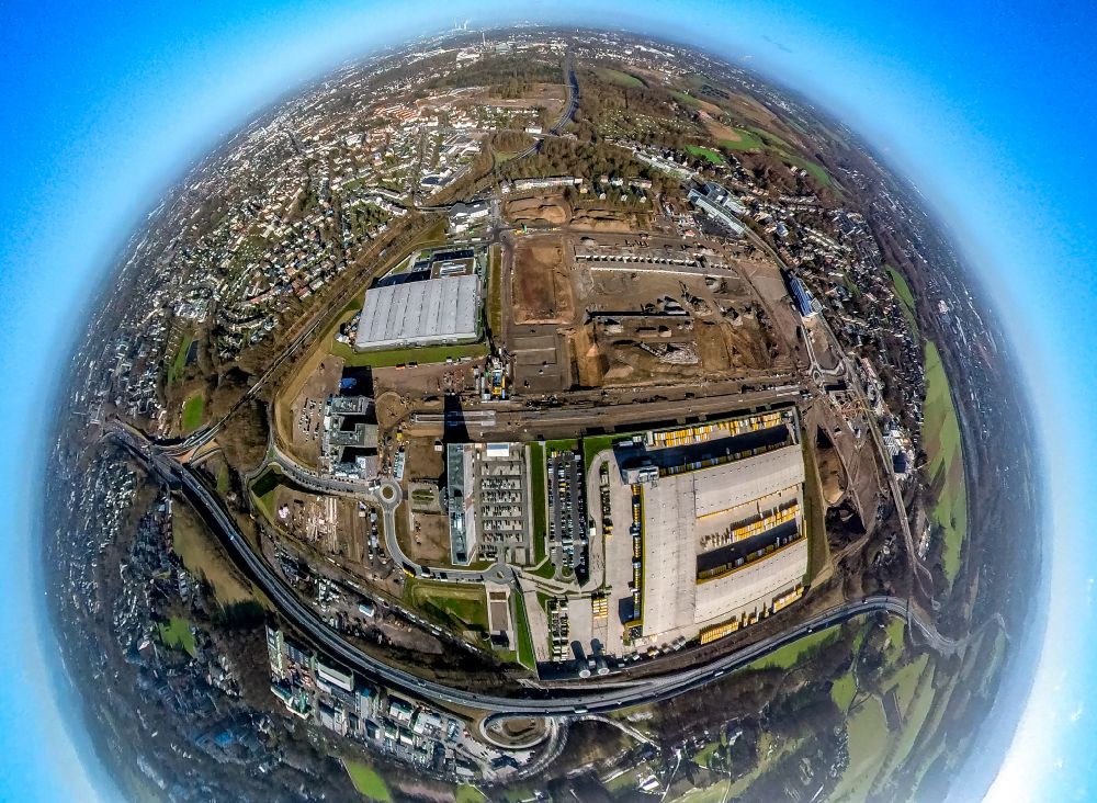 Aerial image Bochum - Fisheye perspective new building construction site in the industrial park Entwicklungsgebiet MARK 51A?7 overlooking demolition work on the site of the industrial ruins at Opelring in the district Laer in Bochum at Ruhrgebiet in the state North Rhine-Westphalia, Germany