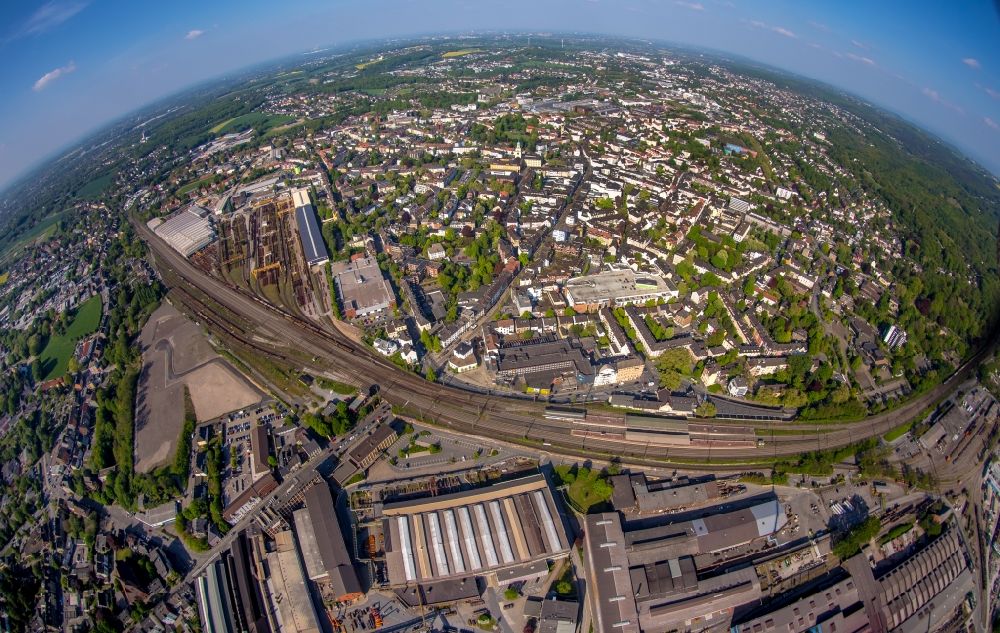 Aerial photograph Witten - Fisheye perspective railway depot and repair shop for maintenance DB factory Oberbaustoffe Witten in the district Bommern in Witten in the state North Rhine-Westphalia, Germany