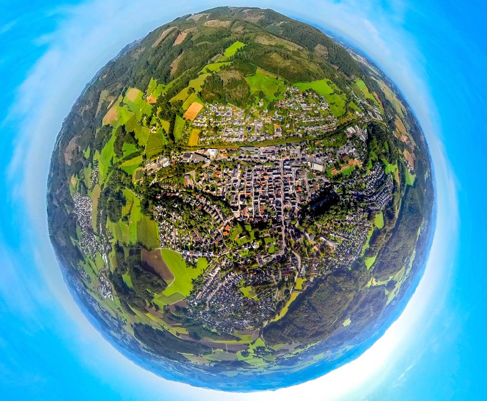 Aerial photograph Balve - Fisheye perspective town View of the streets and houses of the residential areas in Balve in the state North Rhine-Westphalia, Germany