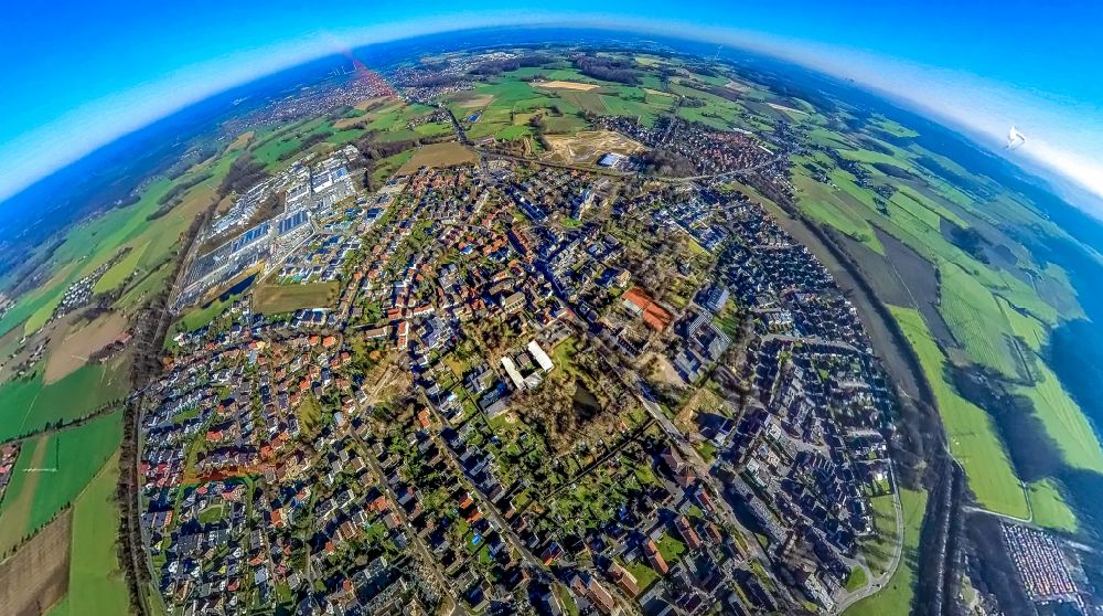 Bork from the bird's eye view: Fisheye perspective town View of the streets and houses of the residential areas in Bork in the state North Rhine-Westphalia, Germany