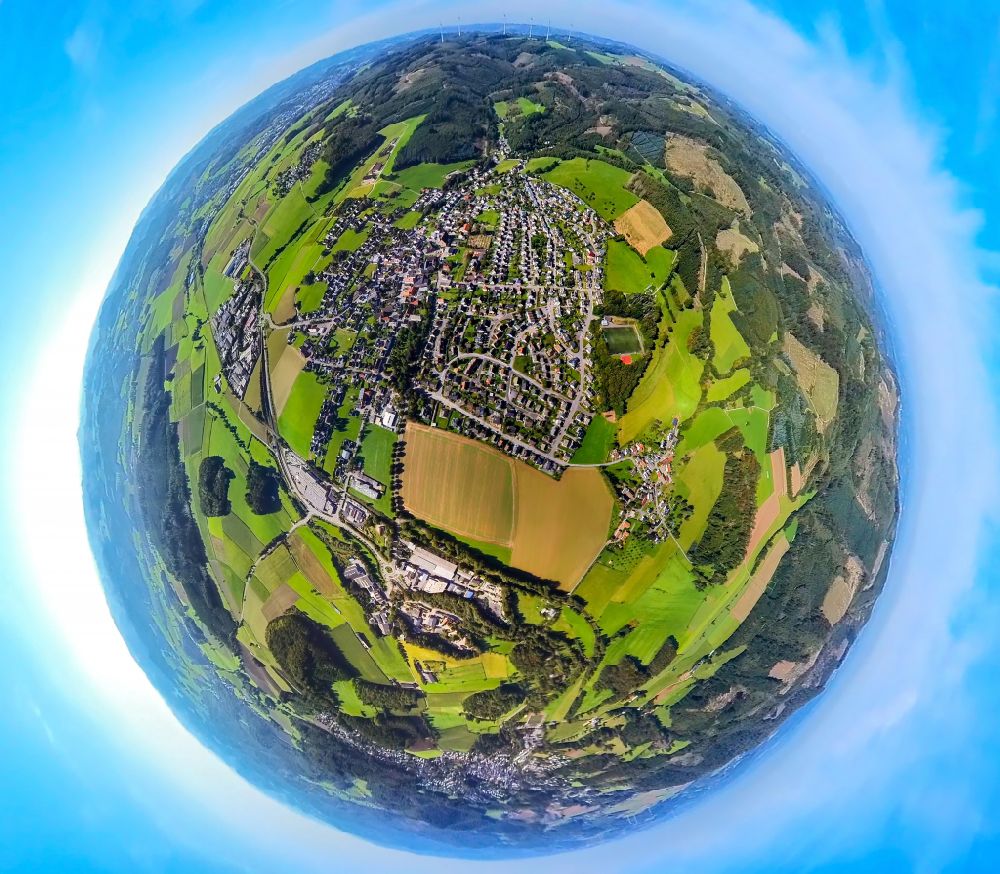 Garbeck from above - Fisheye perspective town View of the streets and houses of the residential areas in Garbeck in the state North Rhine-Westphalia, Germany