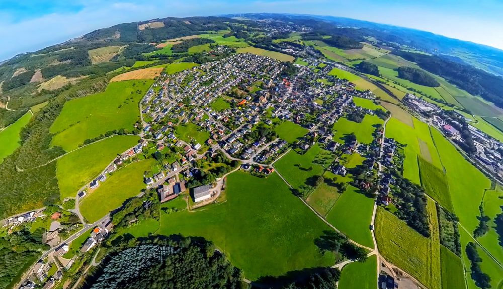 Garbeck from the bird's eye view: Fisheye perspective town View of the streets and houses of the residential areas in Garbeck in the state North Rhine-Westphalia, Germany