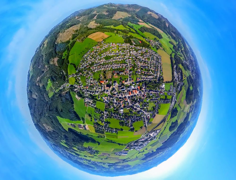 Garbeck from above - Fisheye perspective town View of the streets and houses of the residential areas in Garbeck in the state North Rhine-Westphalia, Germany