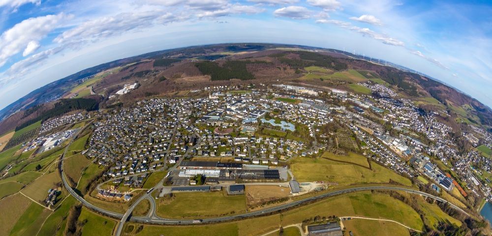 Olsberg from the bird's eye view: Fisheye perspective town View of the streets and houses of the residential areas in the district Bigge in Olsberg in the state North Rhine-Westphalia, Germany