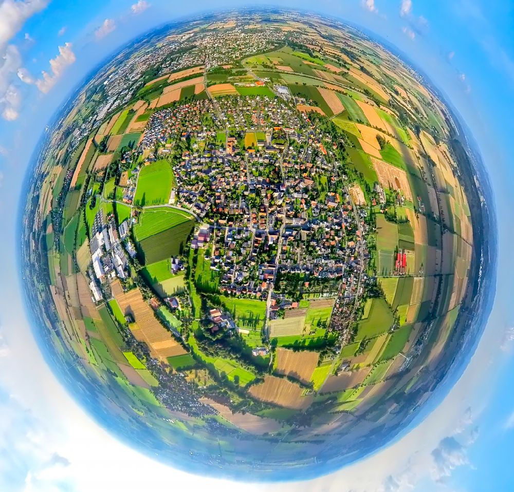 Aerial image Büderich - Fisheye perspective village view on the edge of agricultural fields and land in Buederich at Ruhrgebiet in the state North Rhine-Westphalia, Germany