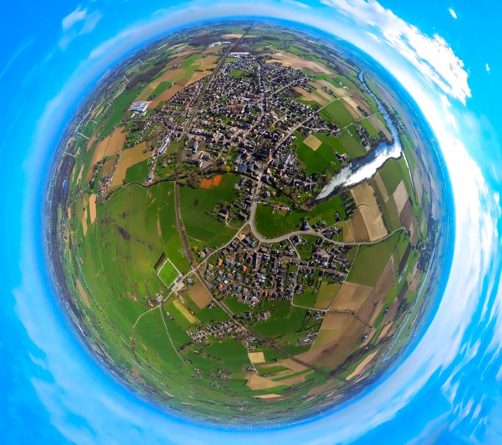 Millingen from above - Fisheye perspective village on the banks of the area lake Landwehr - Millinger See on street Millinger Strasse in Millingen in the state North Rhine-Westphalia, Germany