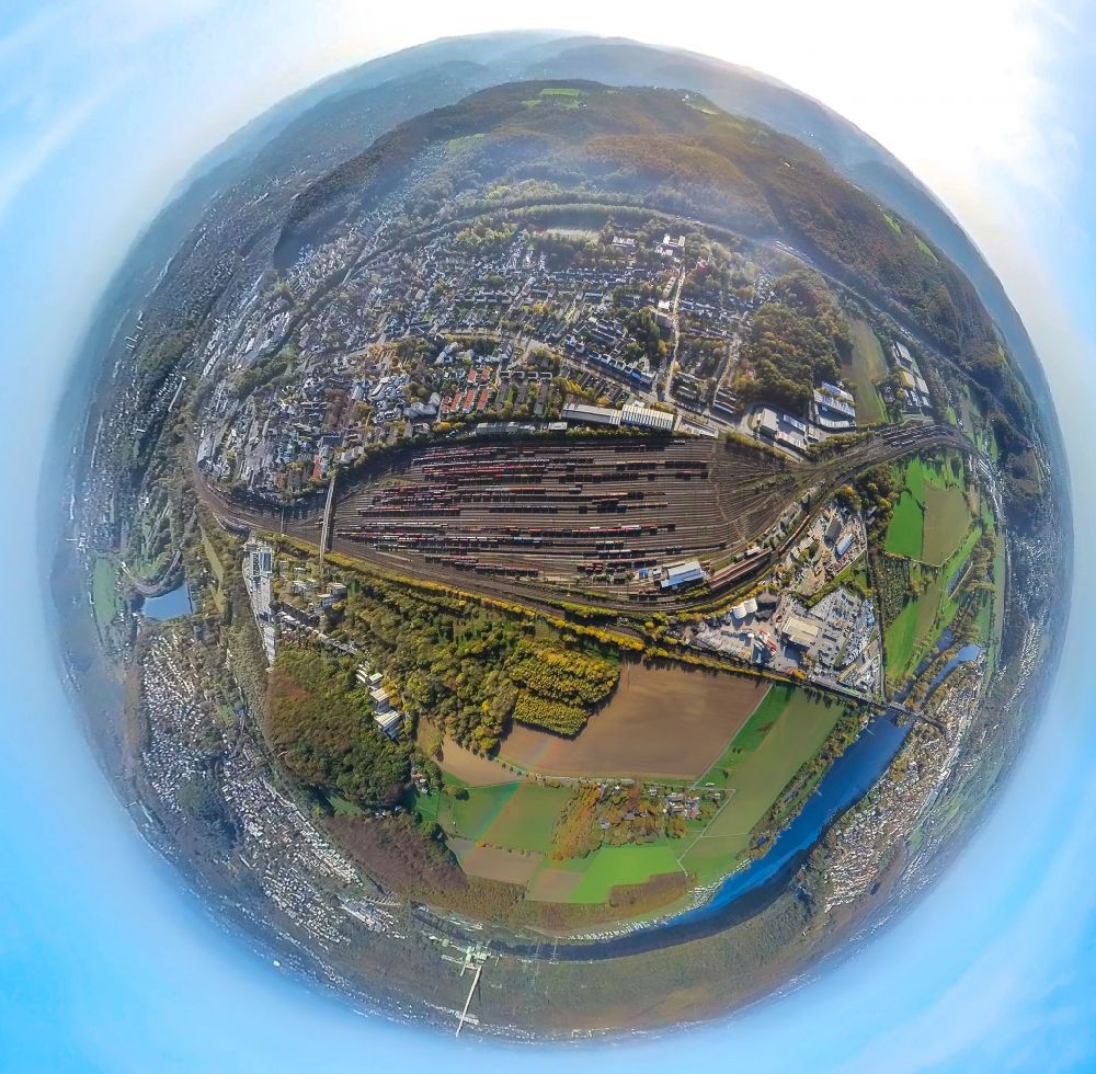 Hagen from the bird's eye view: Fisheye perspective marshalling yard and freight station of the Deutsche Bahn in Hagen in the state North Rhine-Westphalia, Germany