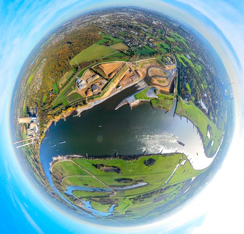 Eppinghoven from above - Fisheye perspective renaturation measures on the shore areas of the river Emscher on Muendung in den Rhein on street Rheinaue in Eppinghoven at Ruhrgebiet in the state North Rhine-Westphalia, Germany