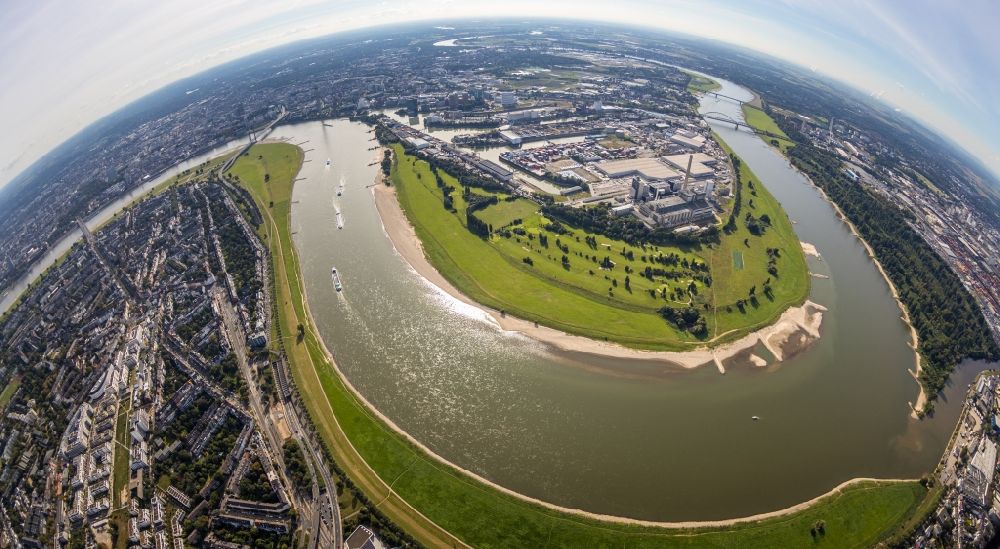 Aerial photograph Düsseldorf - Fisheye perspective curved loop of the riparian zones on the course of the river Rhine in Duesseldorf at Ruhrgebiet in the state North Rhine-Westphalia, Germany