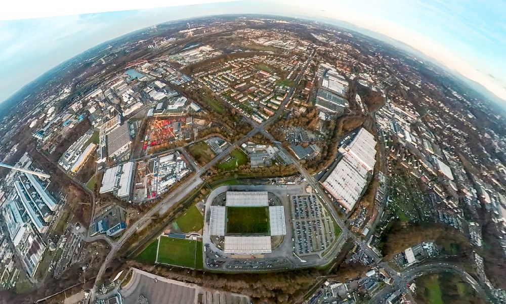 Aerial photograph Essen - Fisheye perspective rWE - Red-White Stadium in Essen in North Rhine-Westphalia