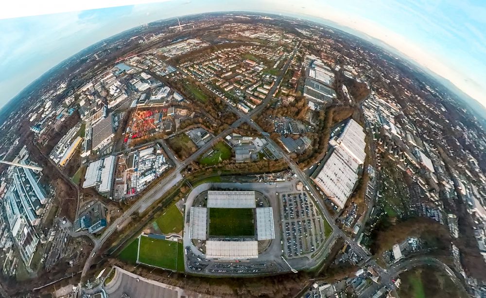 Essen from above - Fisheye perspective rWE - Red-White Stadium in Essen in North Rhine-Westphalia