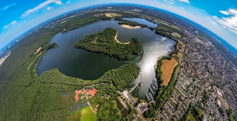 Aerial image Haltern am See - Fisheye perspective lake Island on the Halterner Stausee in Haltern am See in the state North Rhine-Westphalia, Germany