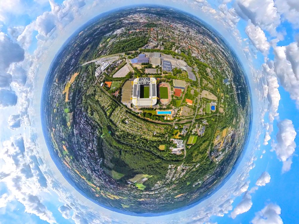 Dortmund from the bird's eye view: Fisheye perspective sports facility grounds of the Arena stadium in Dortmund at Ruhrgebiet in the state North Rhine-Westphalia