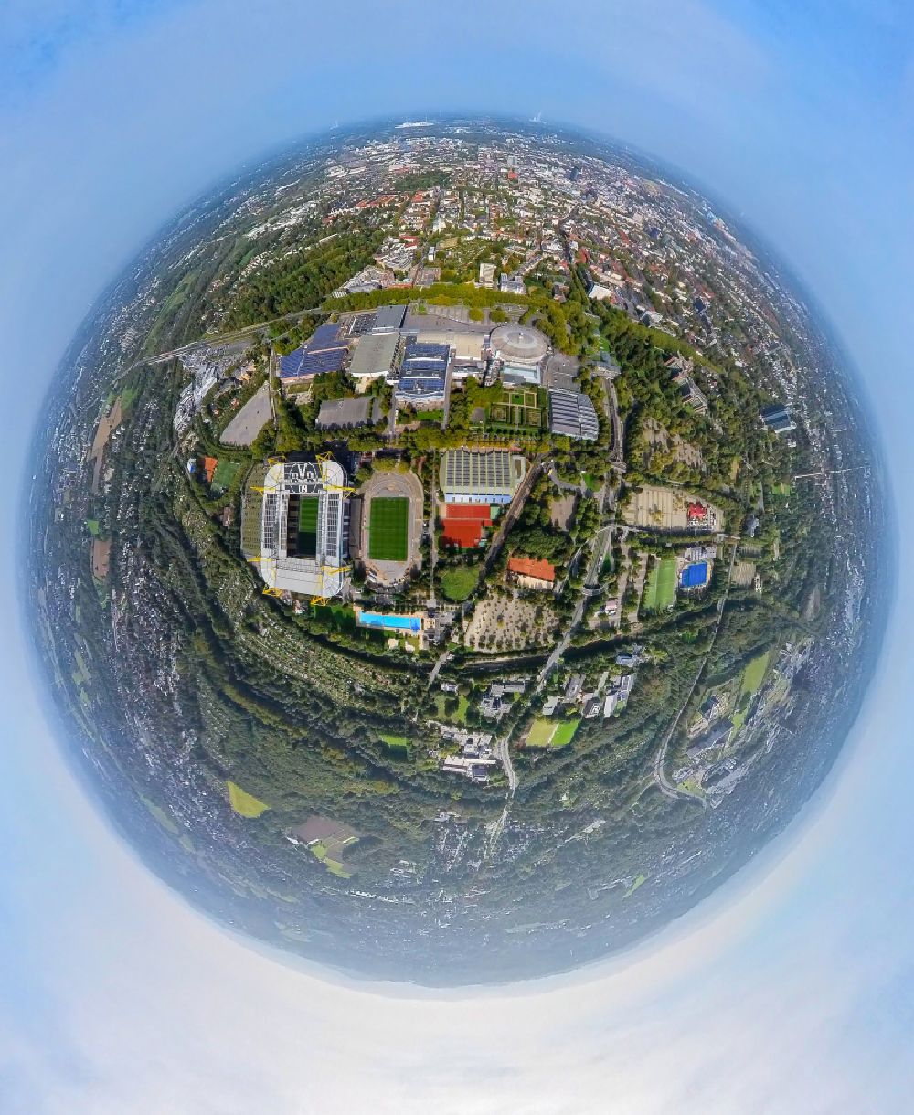 Aerial image Dortmund - Fisheye perspective Sports facility grounds of the Arena stadium in Dortmund in the state North Rhine-Westphalia