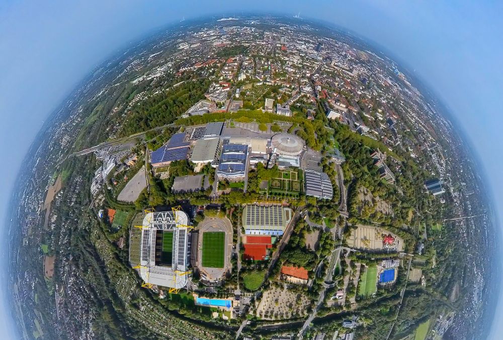 Aerial photograph Dortmund - Fisheye perspective Sports facility grounds of the Arena stadium in Dortmund in the state North Rhine-Westphalia