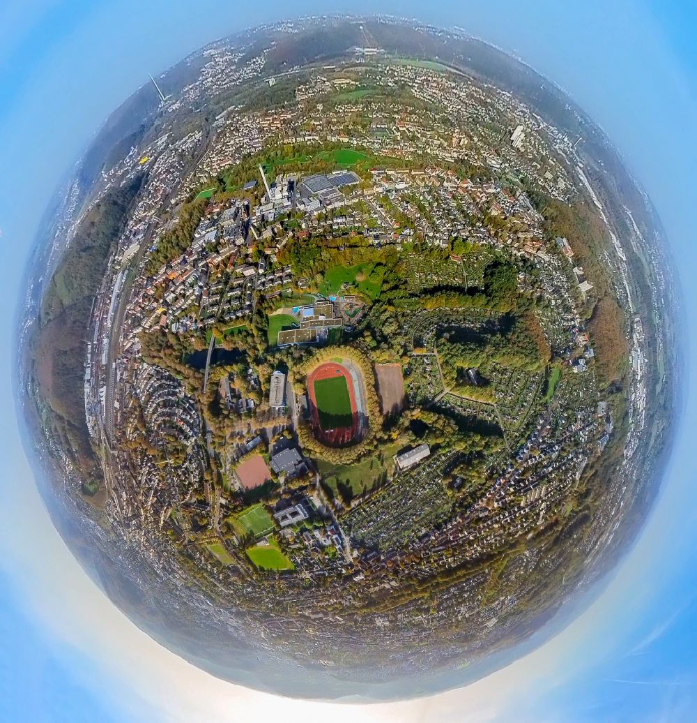 Aerial photograph Hagen - Fisheye perspective sports facility grounds of the Arena stadium - Sportpark Ischeland on Humpertstrasse in Hagen at Ruhrgebiet in the state North Rhine-Westphalia, Germany