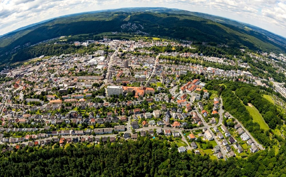 Aerial image Arnsberg - Fisheye perspective city view on down town in Arnsberg in the state North Rhine-Westphalia, Germany