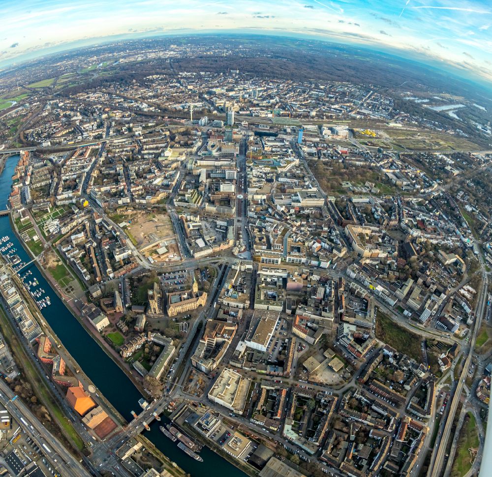 Aerial image Duisburg - Fisheye perspective city view on down town in the district Dellviertel in Duisburg at Ruhrgebiet in the state North Rhine-Westphalia, Germany