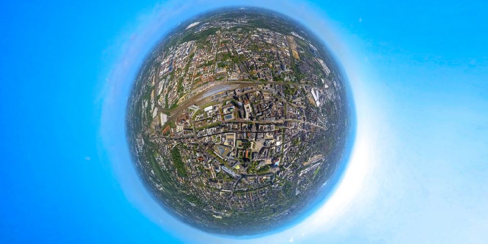 Dortmund from the bird's eye view: Fisheye perspective city view on down town along the Sonnenstrasse - Hohe Strasse in the district Altstadt in Dortmund at Ruhrgebiet in the state North Rhine-Westphalia, Germany