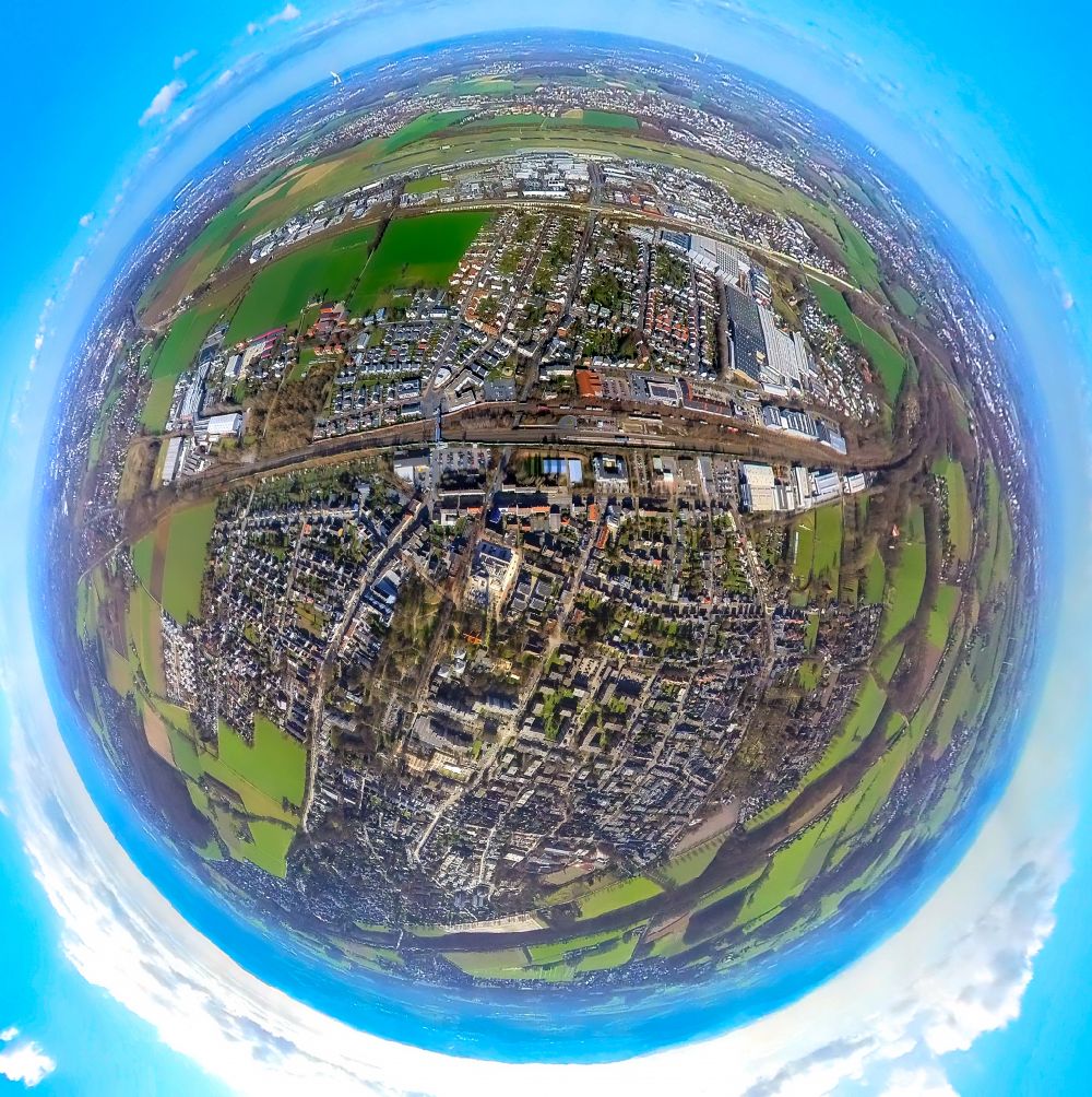 Aerial photograph Holzwickede - Fisheye perspective city view on down town in Holzwickede at Ruhrgebiet in the state North Rhine-Westphalia, Germany