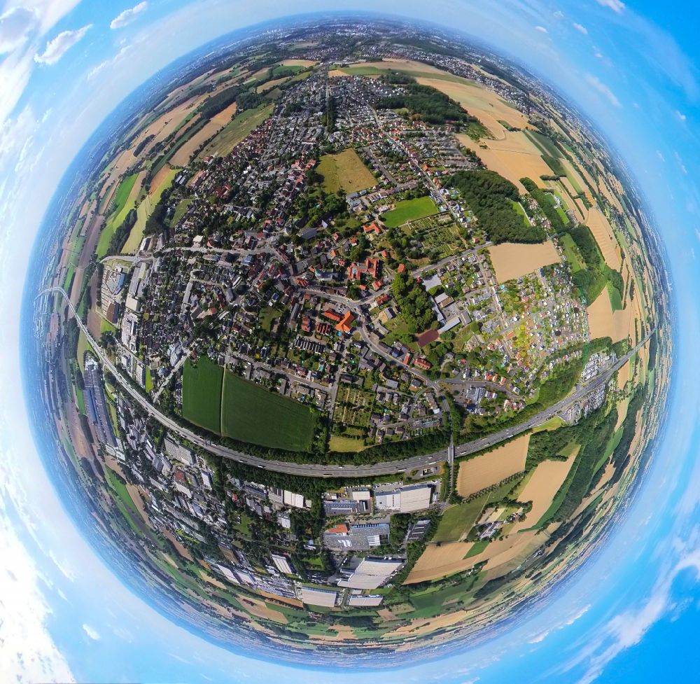 Hamm from above - Fisheye perspective city view on down town in the district Rhynern in Hamm at Ruhrgebiet in the state North Rhine-Westphalia, Germany