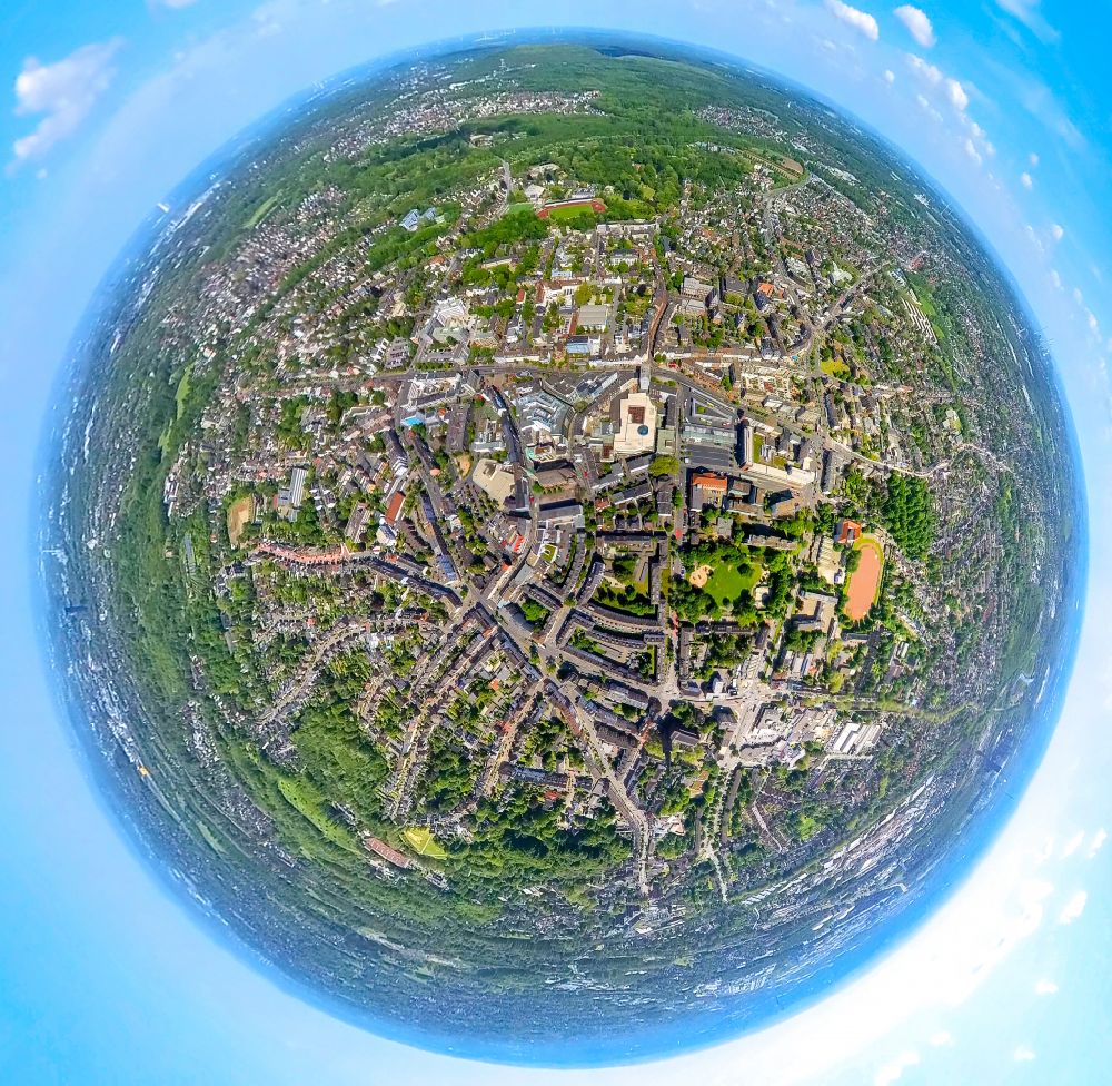 Bottrop from above - Fisheye perspective city view of the city area of Stadtmitte in Bottrop in the state North Rhine-Westphalia