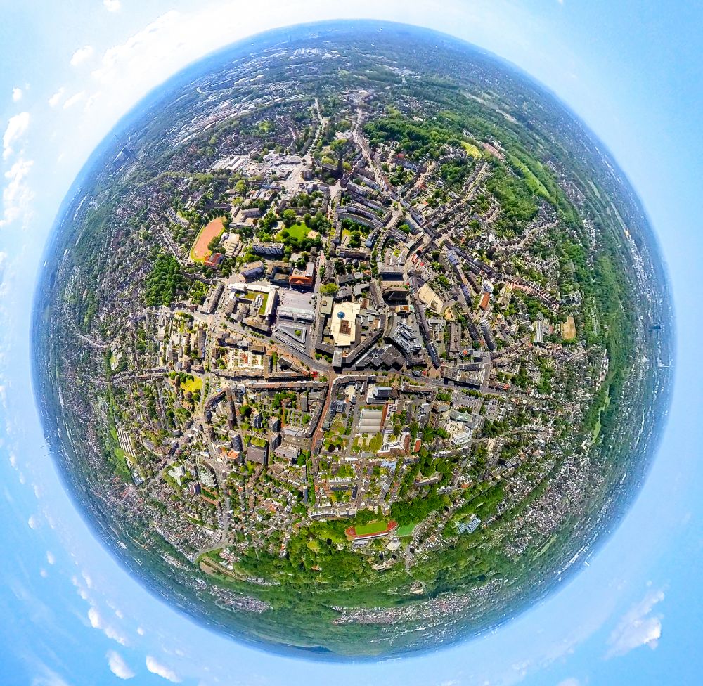 Bottrop from the bird's eye view: Fisheye perspective city view of the city area of Stadtmitte in Bottrop in the state North Rhine-Westphalia