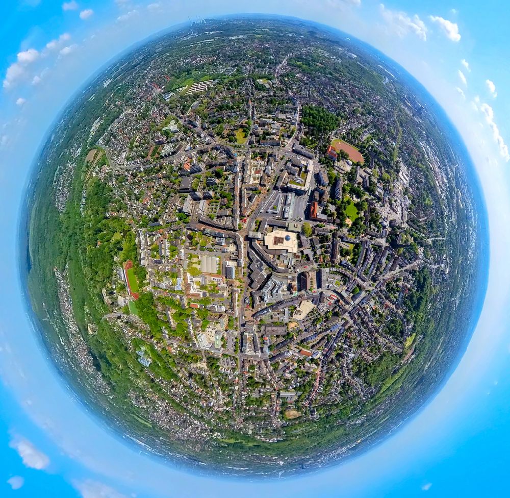 Aerial image Bottrop - Fisheye perspective city view of the city area of Stadtmitte in Bottrop in the state North Rhine-Westphalia