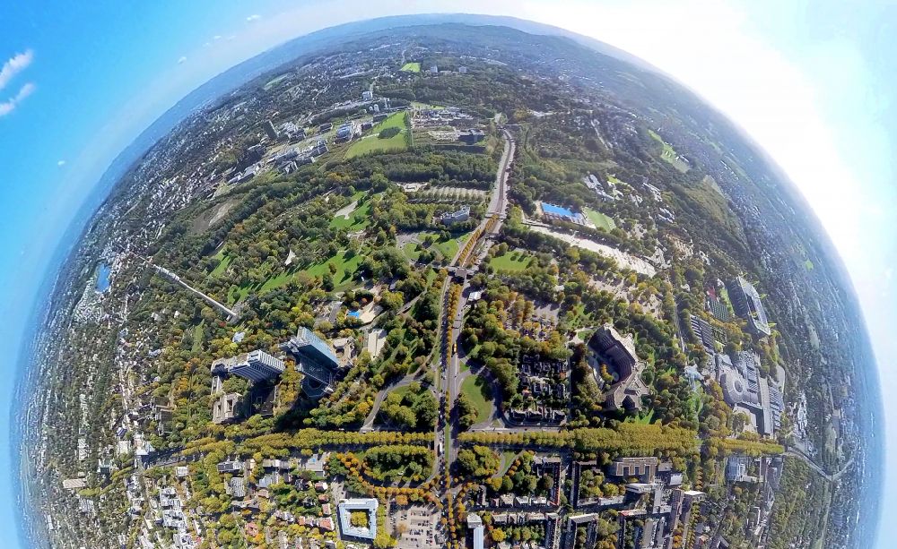 Dortmund from the bird's eye view: Fisheye perspective city area with outside districts and inner city area in the district Ruhrallee Ost in Dortmund at Ruhrgebiet in the state North Rhine-Westphalia, Germany