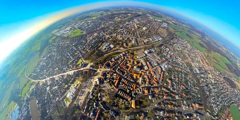 Werne from above - Fisheye perspective city view on down town in Werne at Ruhrgebiet in the state North Rhine-Westphalia, Germany
